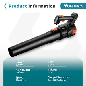 Yofidra 3000W Cordless Electric Air Blower 2 Gears Powerful Leaf Vacuum  Blower Dust Snow Cleannig Tools For Makita 18V Battery