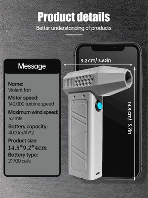 140000 RPM Handheld Snow Removal Air Dryer Violent Fan Wireless Car Wash Air Gun Turbo Jet Fan Electric Cyclone Jet Turbo Fan