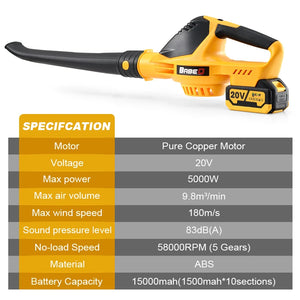 20V Electric Blower Speed Adjustable Powerful 5000W Cordless Leaf Blower Household Blowing Dust Blowing Snow Power Tools