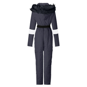 Women Warm Zipper Ski Suit Winter Outdoor Sport One Piece Hooded Ski Jumpsuit With Removable Fur Collar Snow Skateboard Overalls