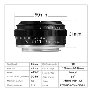 TTArtisan 25mm F2 APS-C Frame Manual Focus Prime Lens for Sony E a6000 a6400 Fuji XT30 XT4 XS10 Nikon Zfc Canon EOS M EOSR M43 L