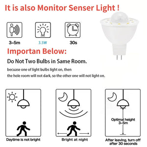 MR16 PIR Motion&Night Light Sensor LED Bulb 3.5W Equivalent 50W 500lm White 6000K Stairs Garage Corridor Walkway Hallway 2Pack