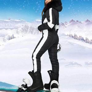 Women Warm Zipper Ski Suit Winter Outdoor Sport One Piece Hooded Ski Jumpsuit With Removable Fur Collar Snow Skateboard Overalls