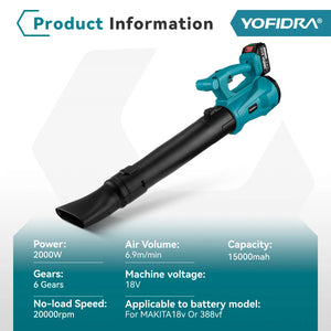 YOFIDRA 2000W Electric Air Blower 6-Speeds Regulation for Makita 18V Battery Leaf Blower Clean Fallen Leaves Dust Snow Tool