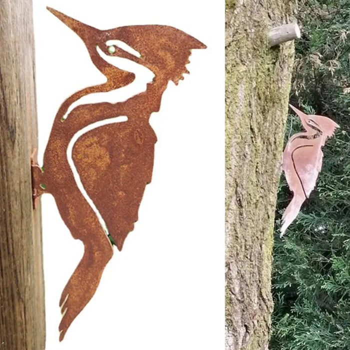 Elegant Garden Stake Design Pileated Bird Rusty Metal Silhouette Yard Bird Decor Silhouette Lawn Tree Metal Decoration Rust