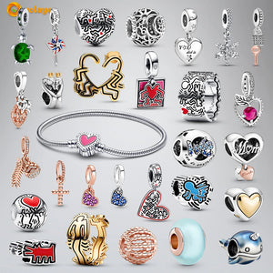 Volayer 925 Sterling Silver Beads Love Figures Radiant Angel Line Art People Walking Heart Charms fit Original Pandora Bracelets